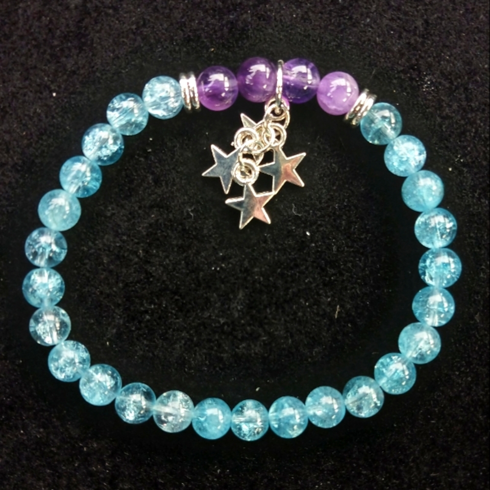 Blue crystal quartz Amethyst 6mm bead gemstone star charm stretch bracelet
